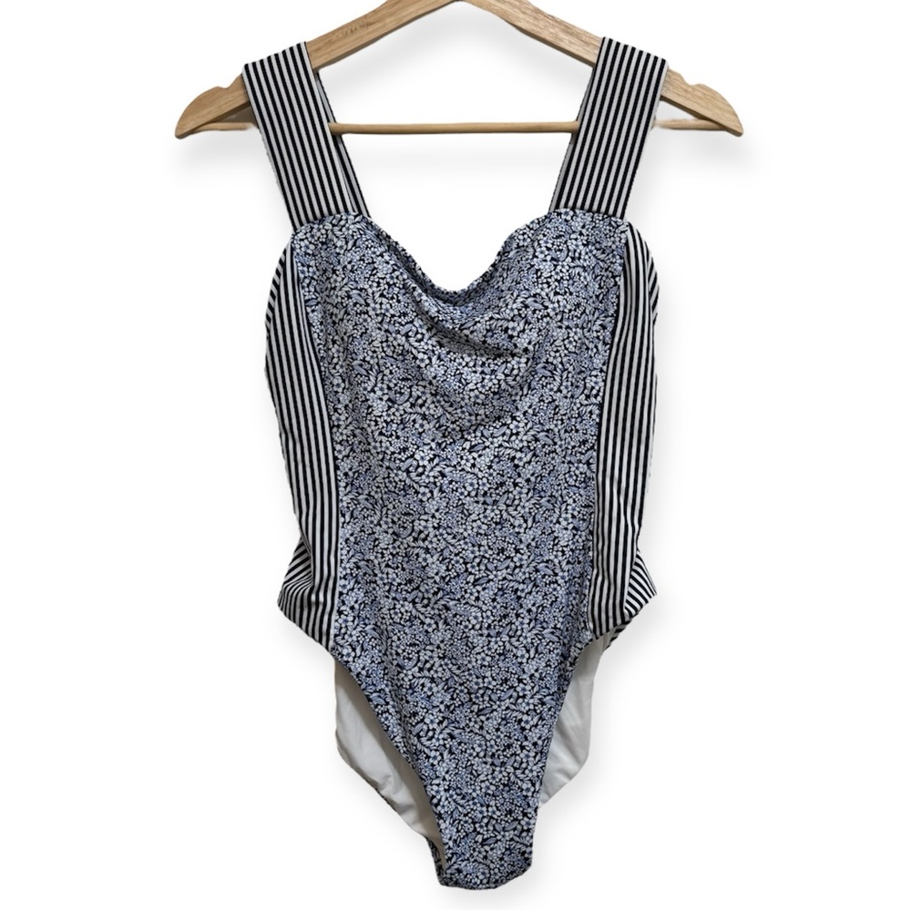 Lands End Wide Strap Square Neck Stripes Floral One Piece Swimsuit